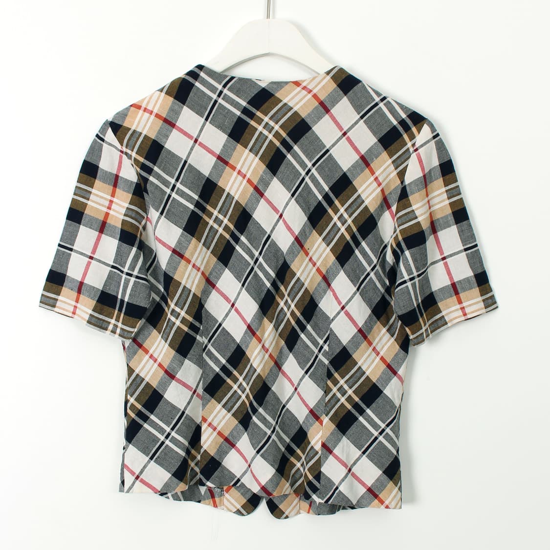 일본 빈티지 체크 인견 골드 버튼 라운드 넥 반팔 블라우스 상품이미지4