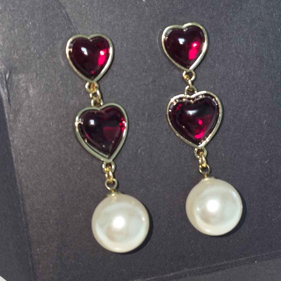 일본빈티지)로맨틱 가넷루비컬러 하트스톤 진주 드롭귀걸이 상품이미지2