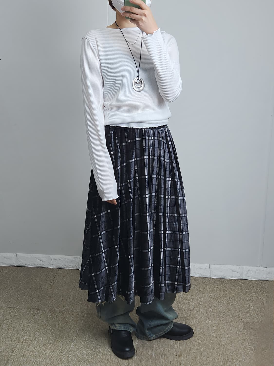 벨벳 체크 롱 스커트 상품이미지5