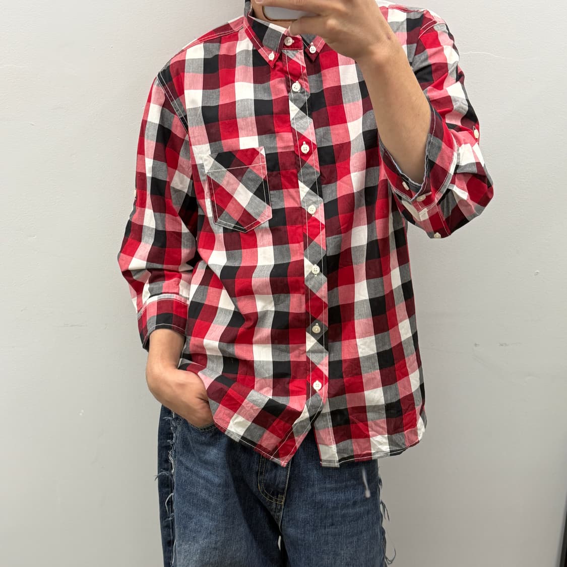 노네임 레드 7부체크셔츠 상품이미지2
