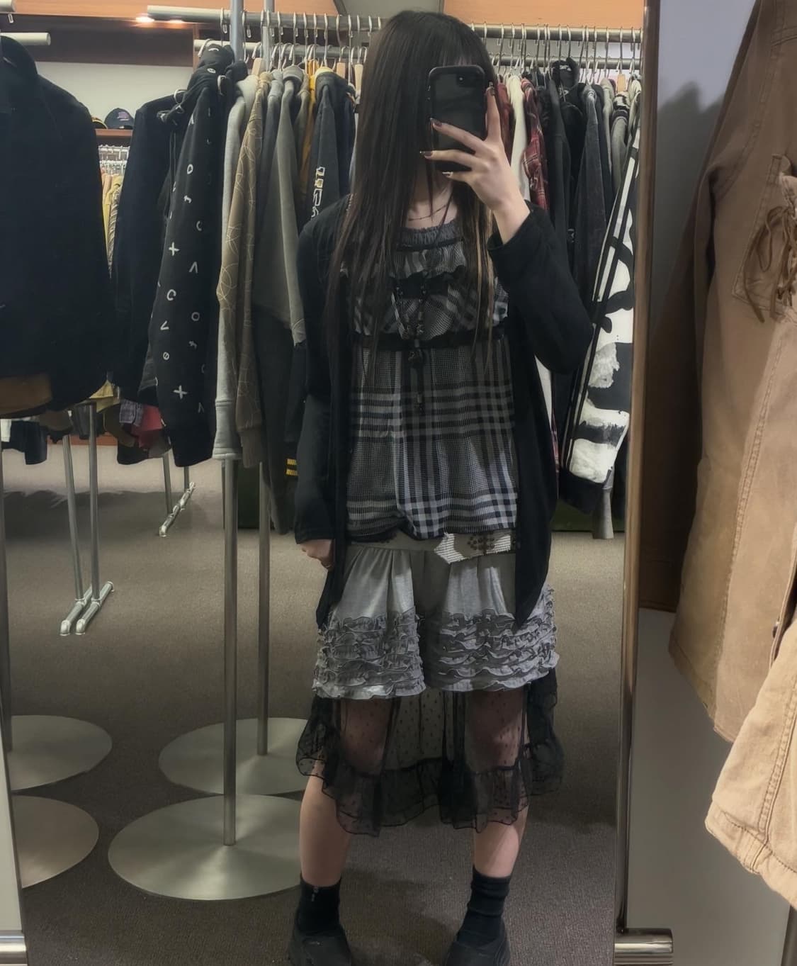 M)Japanese vintage 여성 체크 레이스 레이어드 롱슬리브 상품이미지9