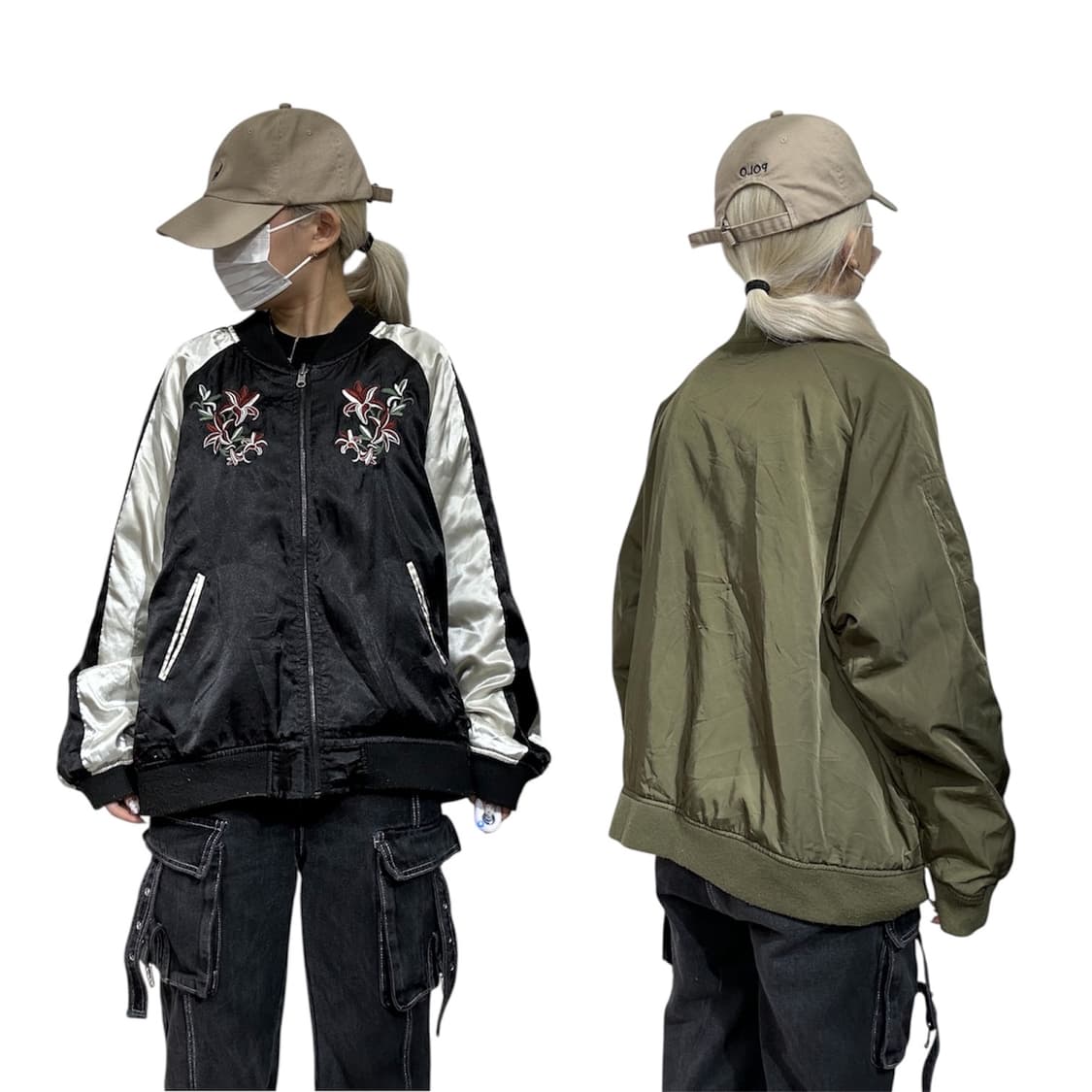 일본 빈티지 블랙 카키 양면 자수 스카잔 ma-1 마원 자켓 상품이미지1