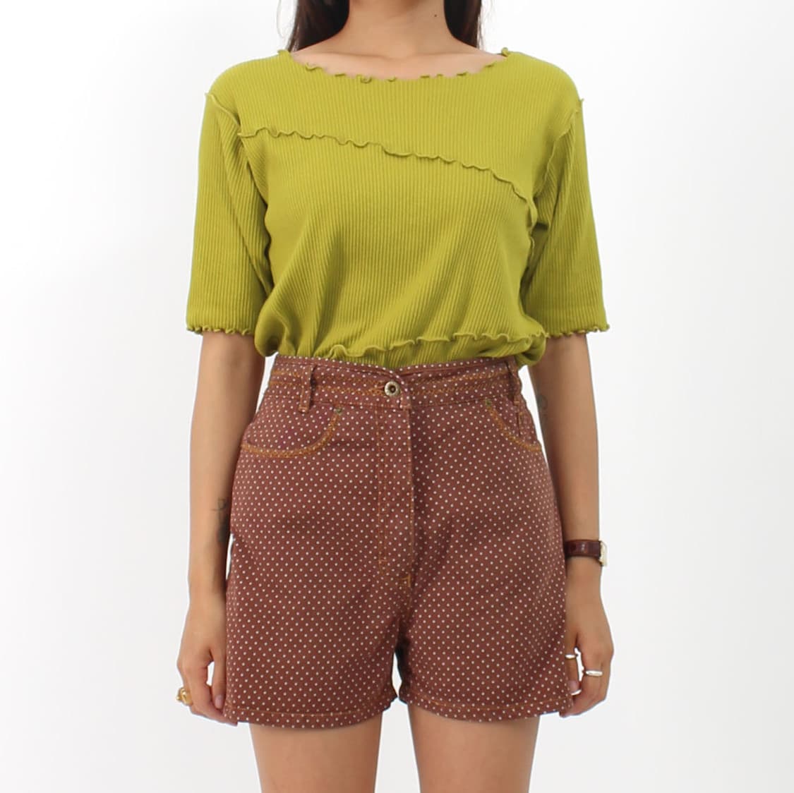 일본 빈티지 라임 골지 자수 반팔 니트 티셔츠 상품이미지6