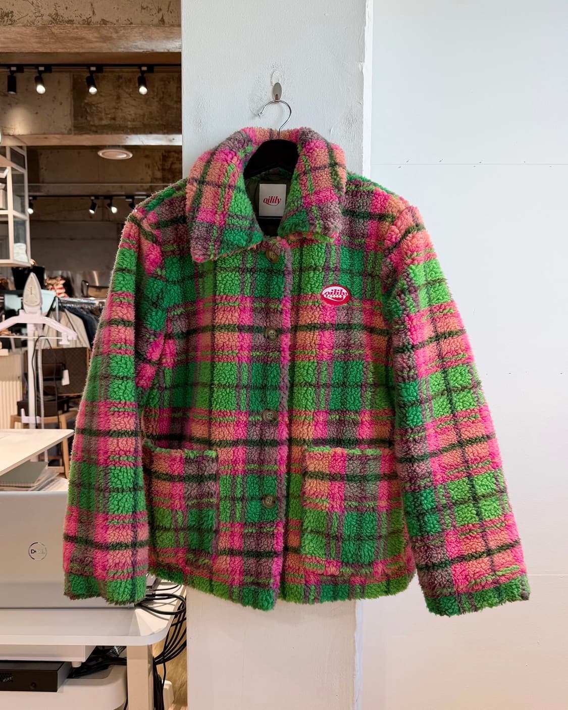 오일릴리 핑크 그린 체크 아크릴 플리스 자켓  상품이미지2