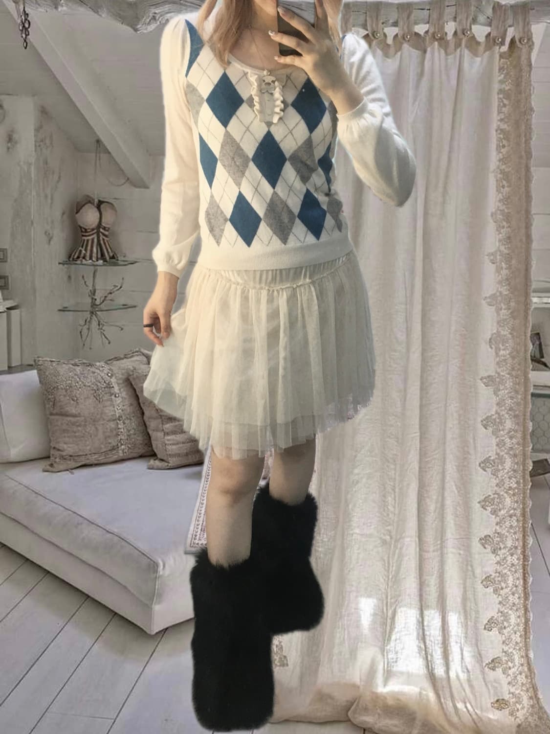 jpn vintage argyle white blue antique kn 상품이미지2