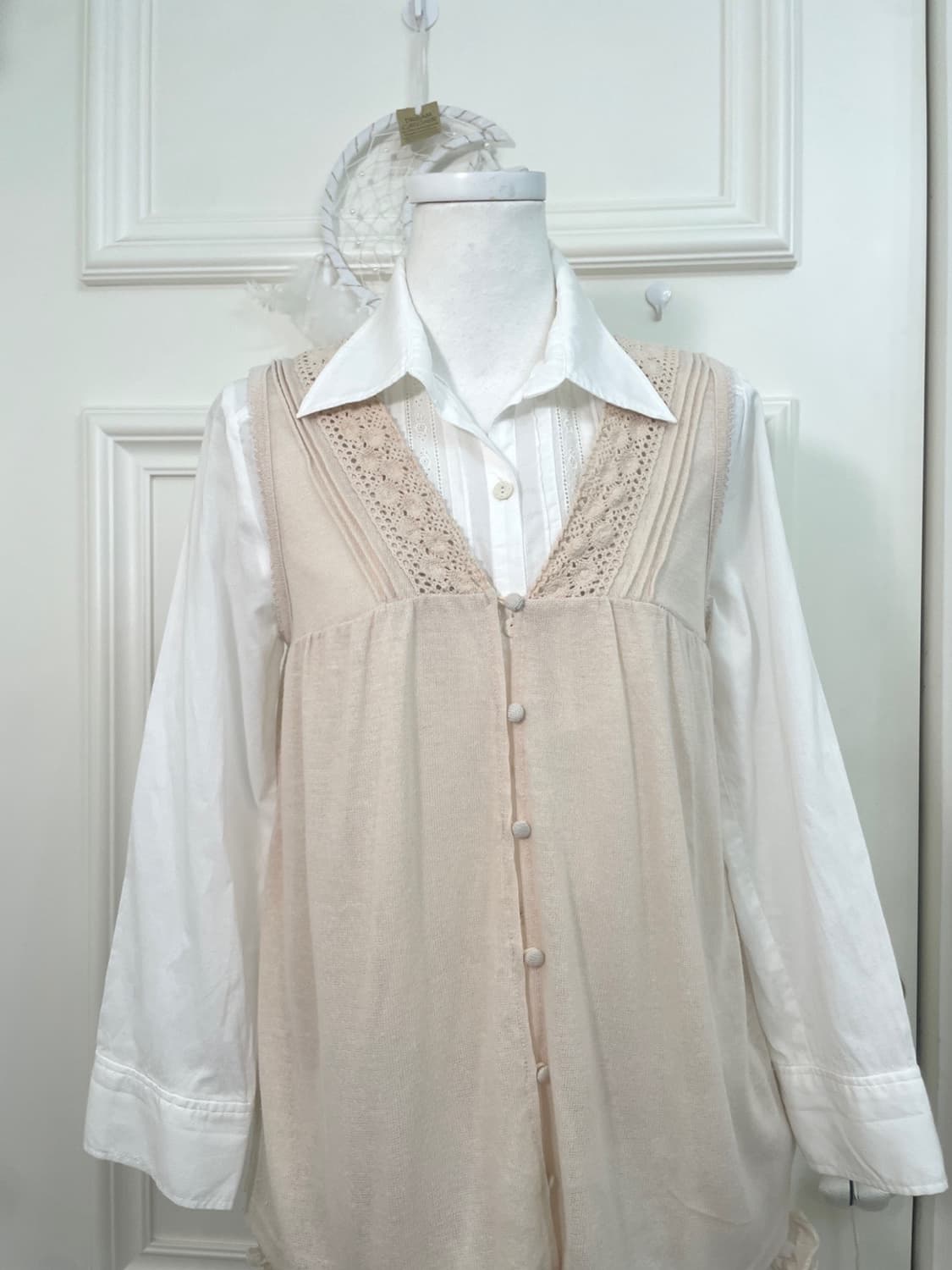 coral beige knit crochet vest cardigan&w 상품이미지5