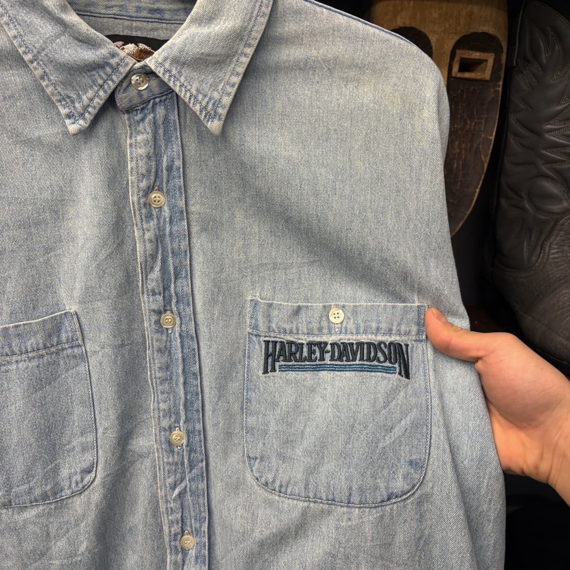 90s 할리데이비슨 클래식 워크 데님셔츠 레터링 패치포켓 N735 상품이미지5