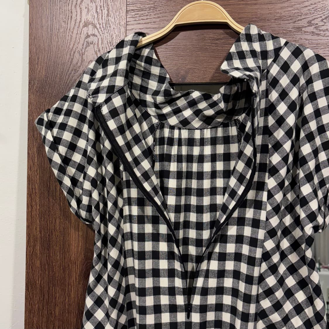 일본 빈티지 모리 블랙 체크 코튼 레이스 폴라 반팔 원피스 상품이미지8