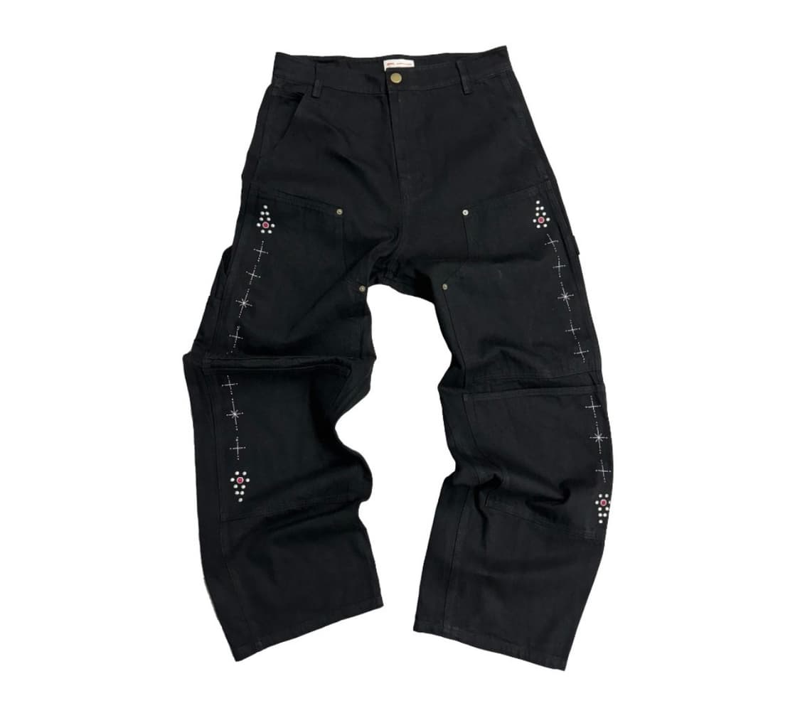 아오이로 페이크 스터드 커트 더블니 팬츠 데님  상품이미지1