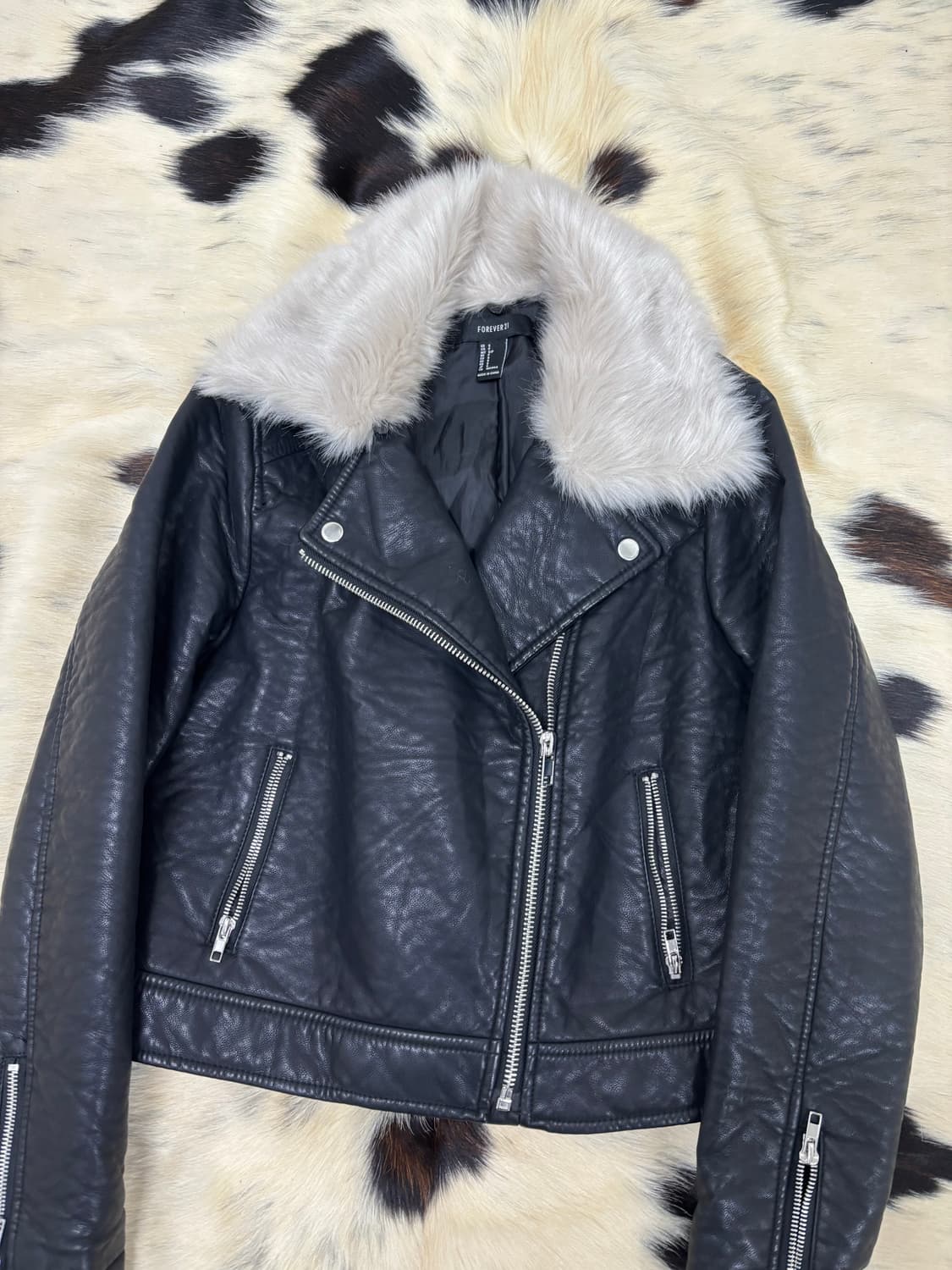 White Fur Trimming Black Chic Leather Ja 상품이미지3