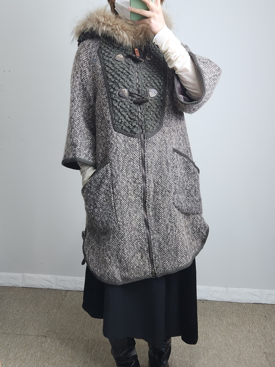 헤링본 라쿤 후드 자켓 상품이미지5