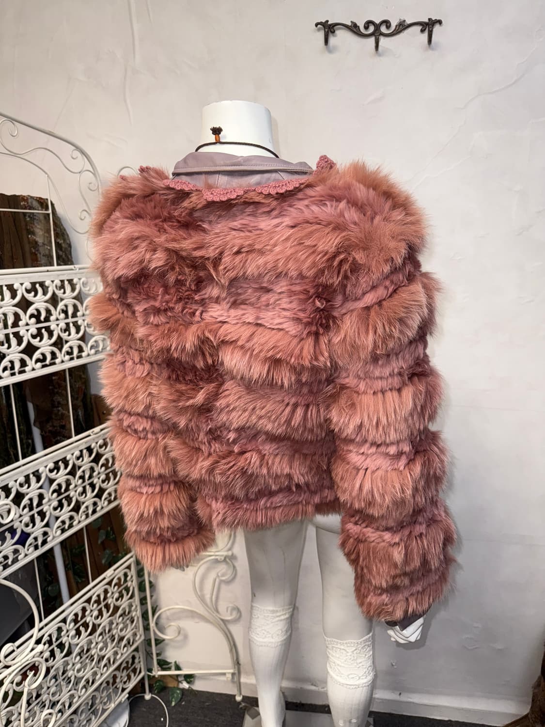 Rose pink rabbit&fox fur crochet wrap jk 상품이미지6