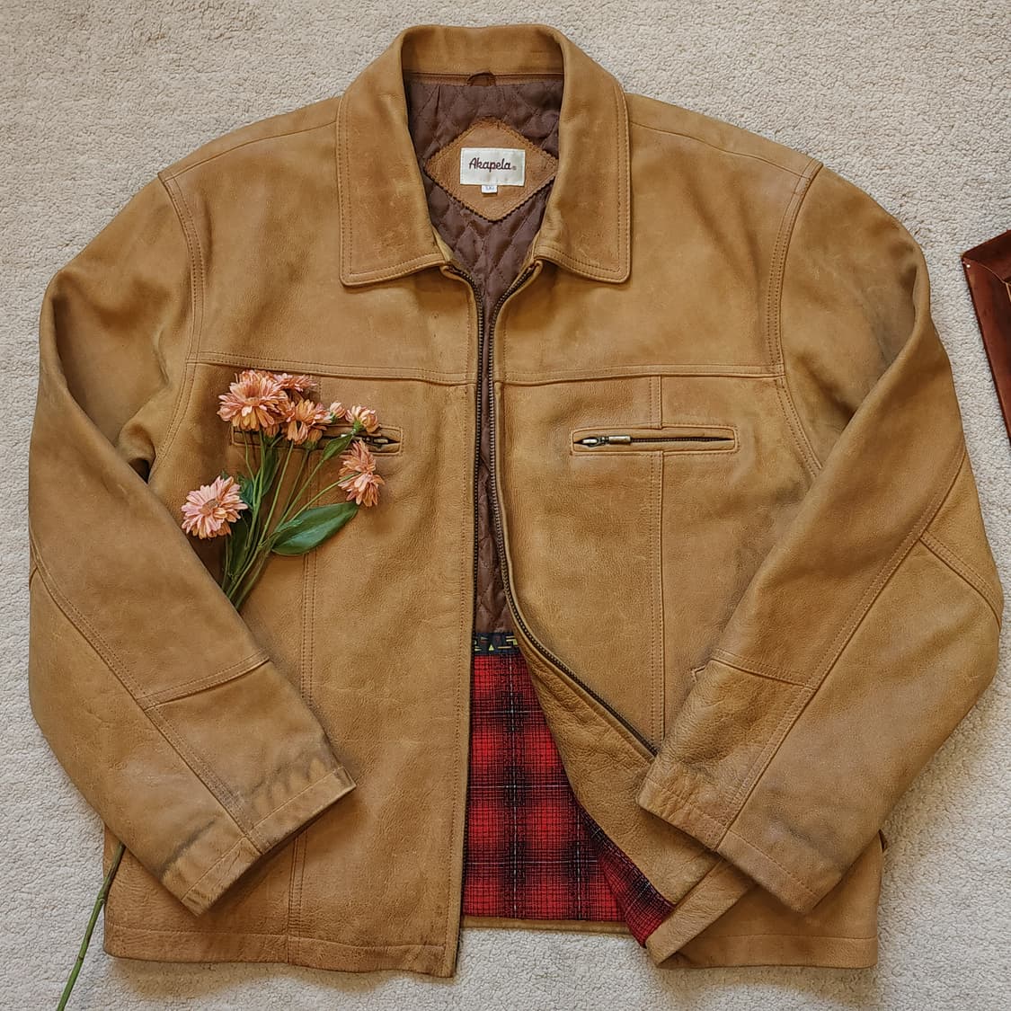 90s 아카펠라 왁스드 레더 프렌치 가죽자켓 양털 카라 빈티지  XXL 상품이미지2