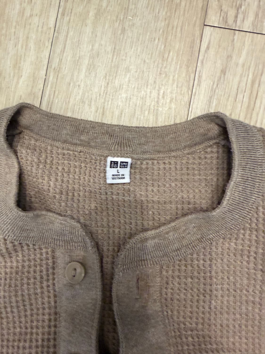 유니클로 와플 헨리넥 긴팔 티셔츠 L 그레이 베이지 상품이미지4