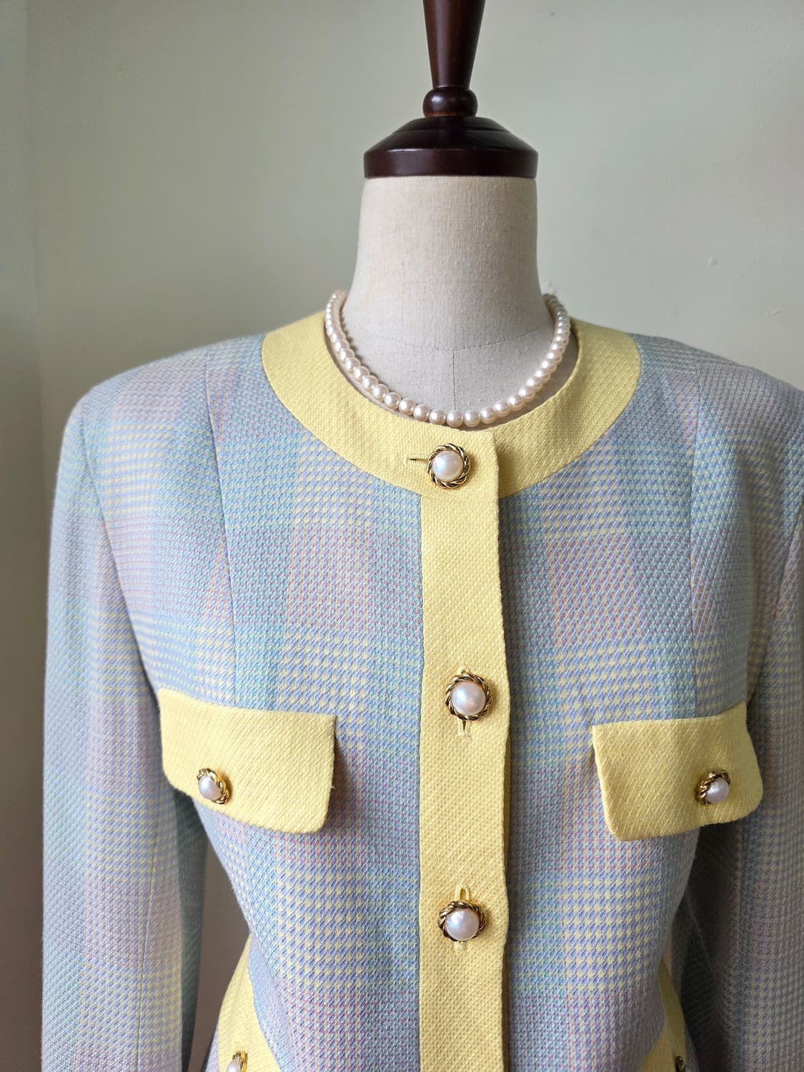 파스텔 체크 진주 버튼 자켓 상품이미지1