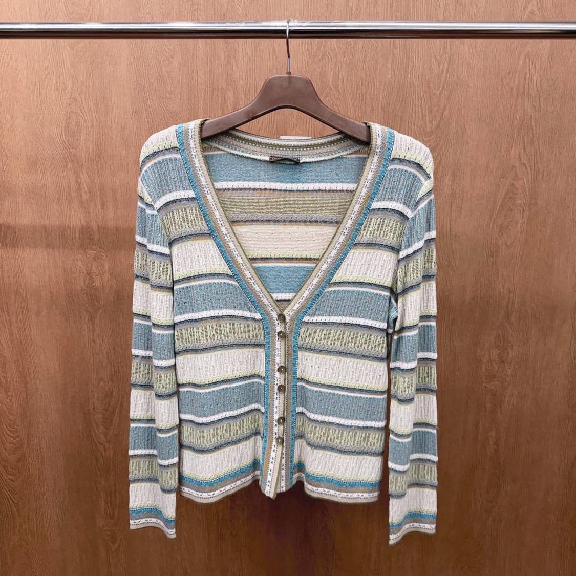 캐서린 안드레 스트라이프 니트 가디건 멀티 텍스처 배색 디테일 민트 블루 상품이미지2