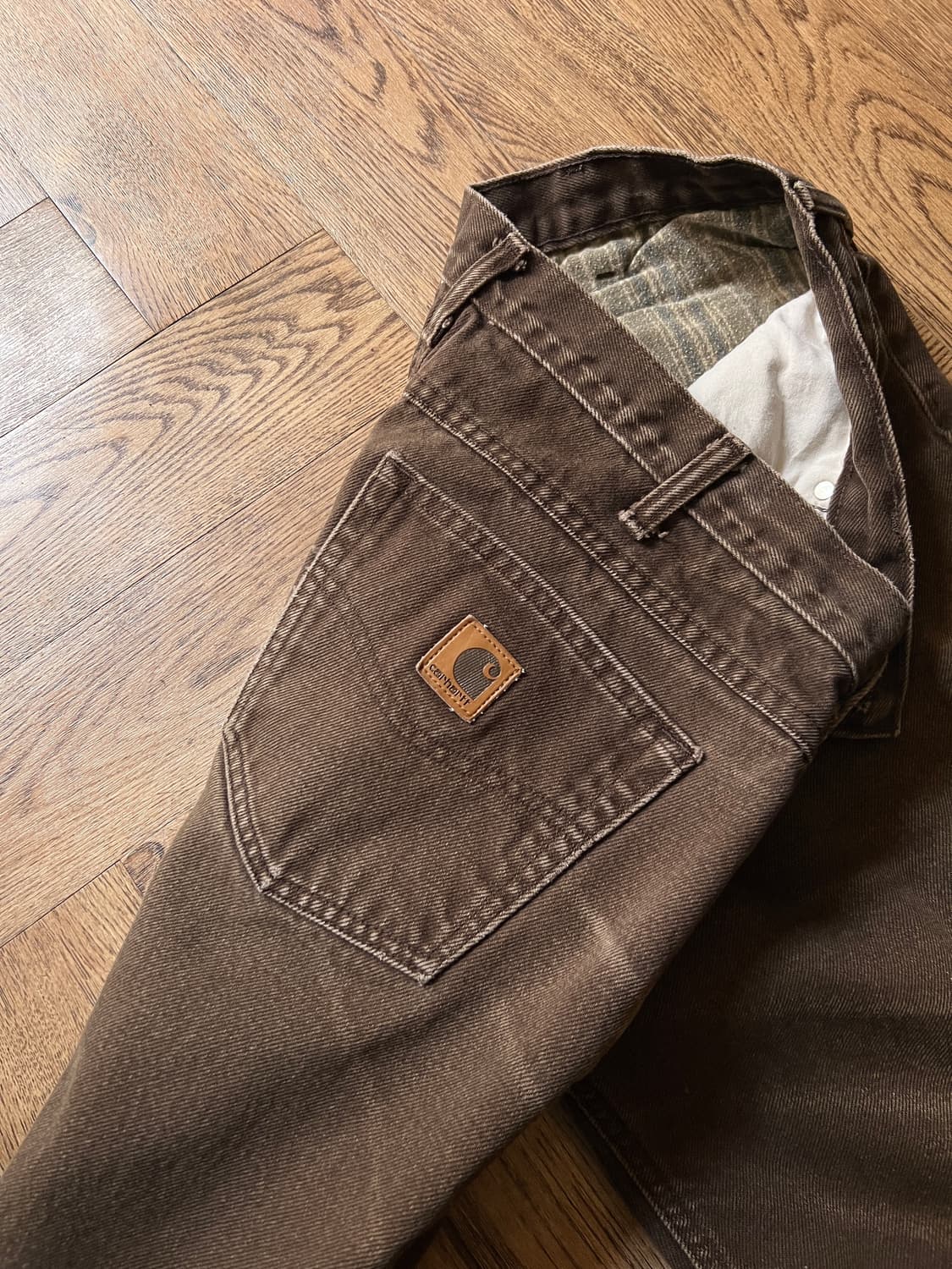 [36]칼하트 USA 체크 라이닝 빈티지 워싱 다크브라운 워크 데님 팬츠 상품이미지8