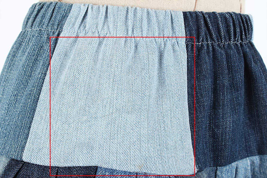 에드윈 데님패턴 배색 패치워크 언발 벌룬 밴딩 A라인 플레어 미니 청치마 상품이미지2