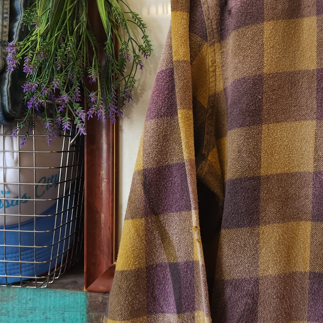 90s 빈티지 체크셔츠 헤비 플란넬 워크셔츠 썬페이딩 퍼플 옐로우 L 상품이미지5