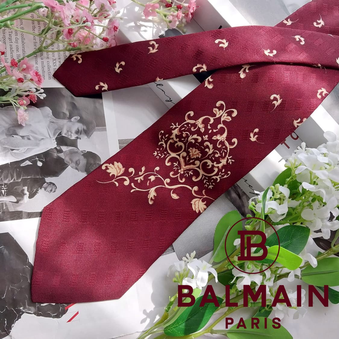 피에르 발망 실크 버건디 패턴 넥타이 9.5cm A+등급 K2389 상품이미지1