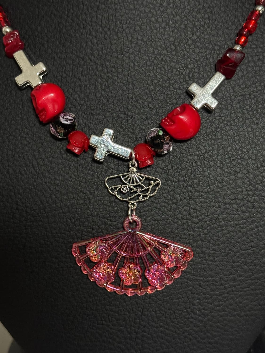 동양풍 오리엔탈 레드 부채 크로스 목걸이 상품이미지2