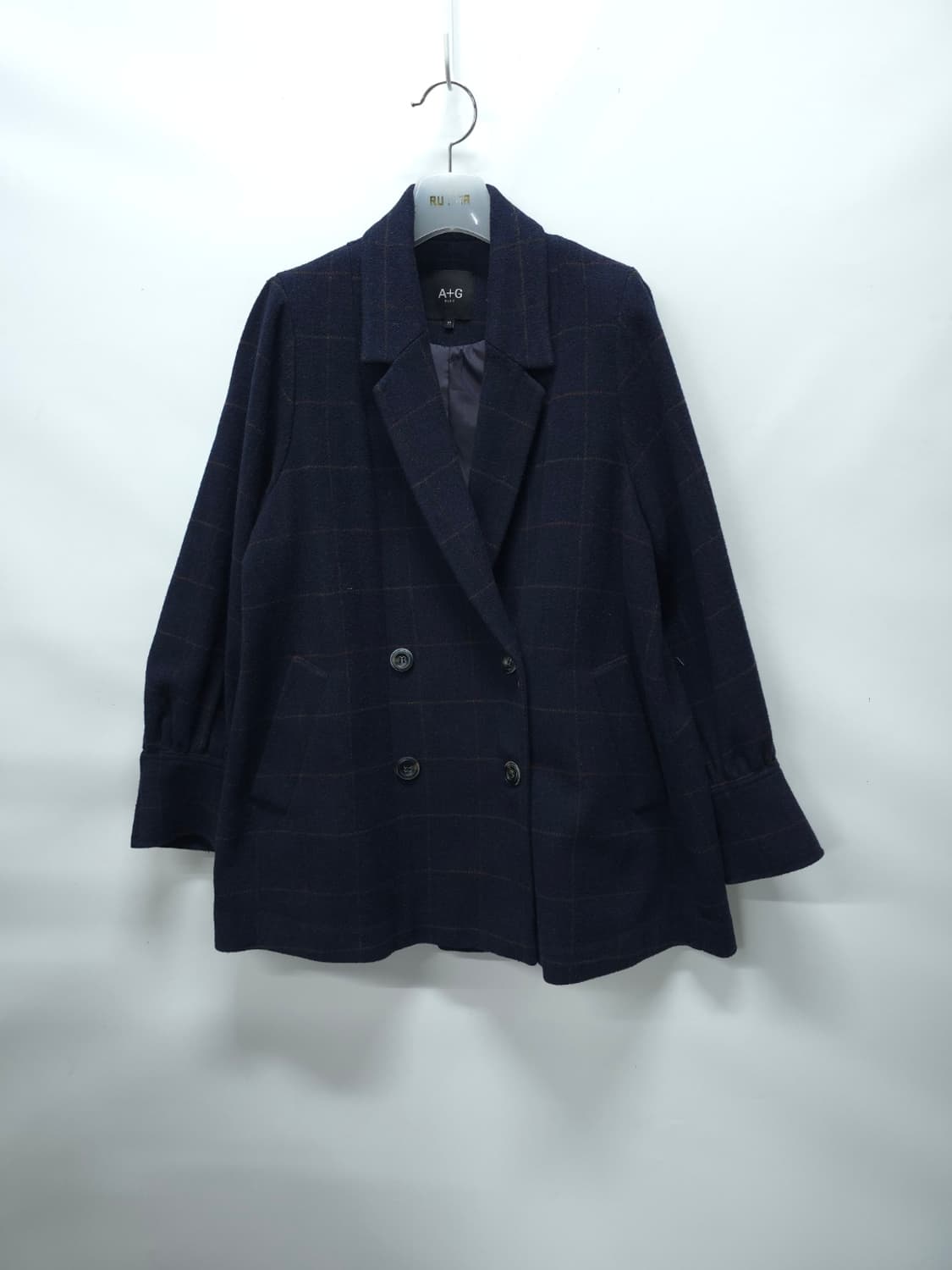 [A+G] 여성 클래식 네이비 체크 더블 하프 코트(77) 상품이미지1