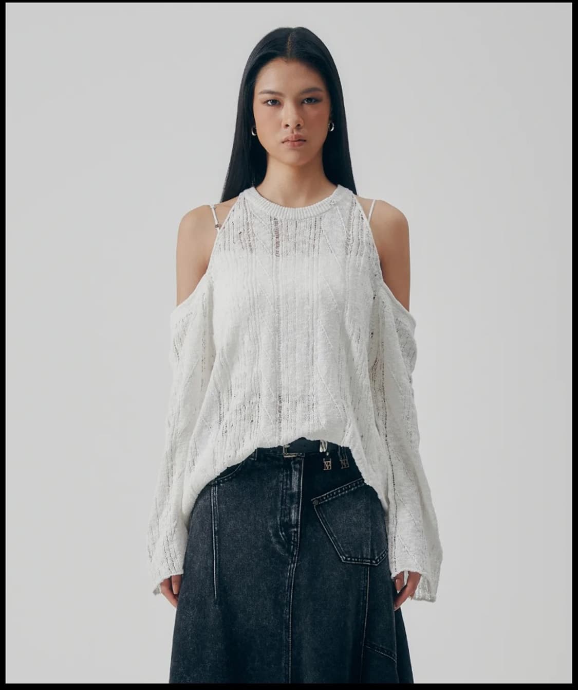 트리밍버드 오프숄더 케이블 니트 화이트 상품이미지1