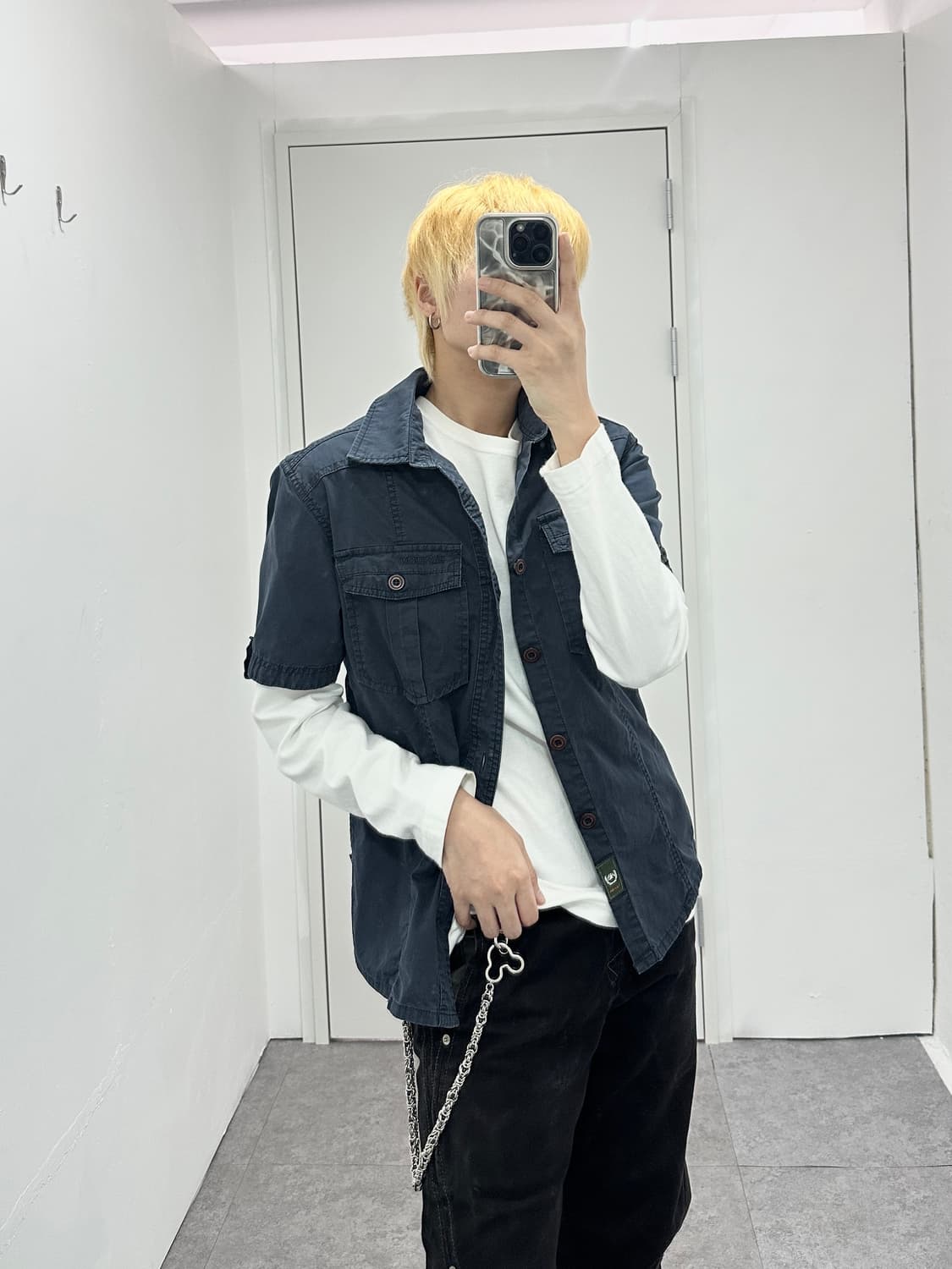 Vintage washed navy pocket half shirts  상품이미지1