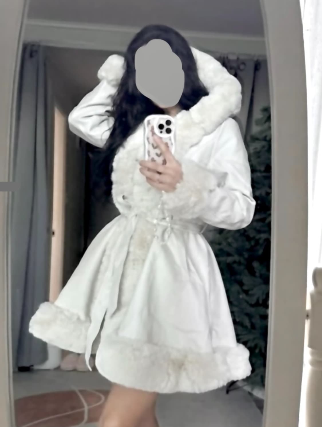 Y2k 갸루 아이보리 퍼 가죽 플레어 코트 상품이미지1