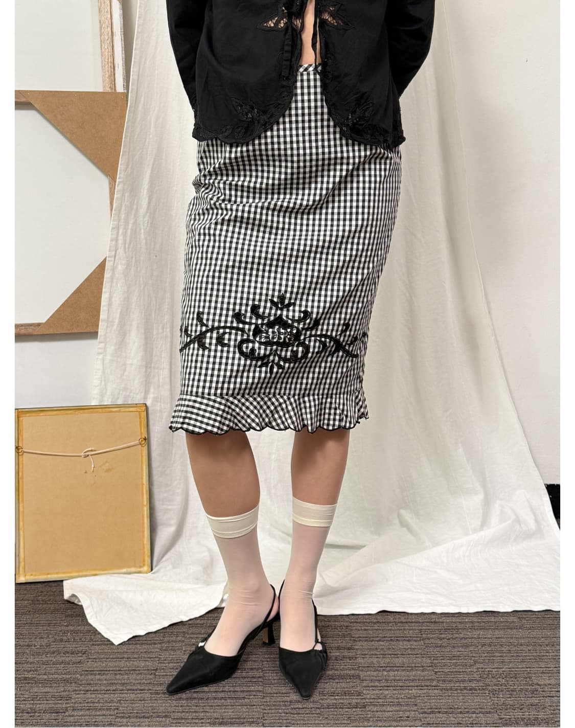 Embroidery check skirt 상품이미지1