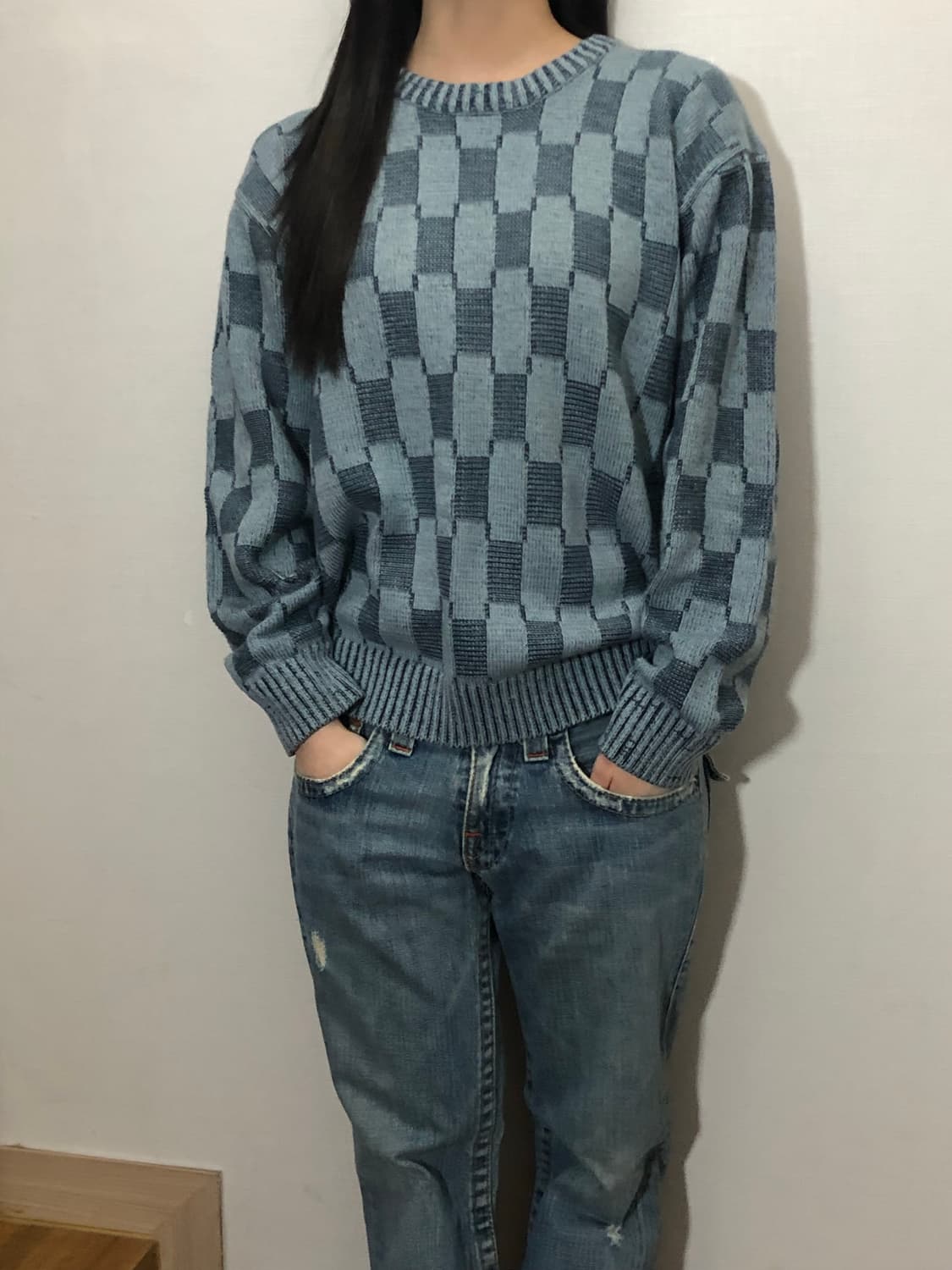 빈티지 블루 체커보드 니트 상품이미지2