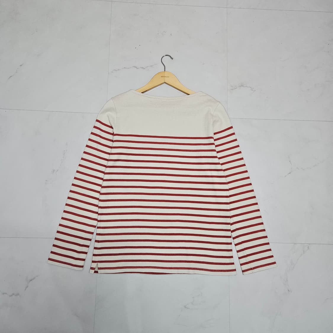 여성 무인양품 보트넥 스트라이프 티셔츠 오렌지 아이보리 상품이미지2