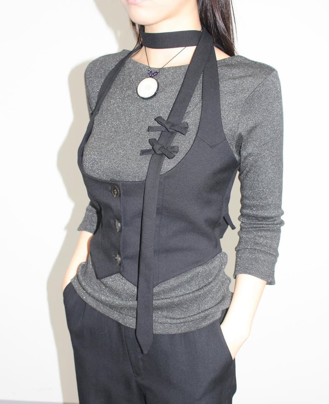 체메씨 트윌 베스트 차콜 twill vest ribbon tie set 상품이미지3