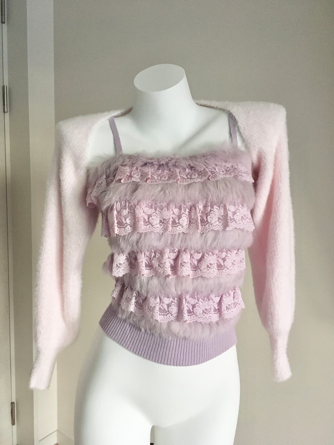 페어리 퍼 프릴 슬리브리스 오리엔탈 연보라 갸루 y2k 상품이미지4