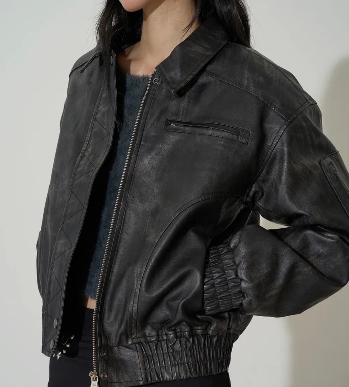 일리고 레더 봄버 자켓 블랙 상품이미지1