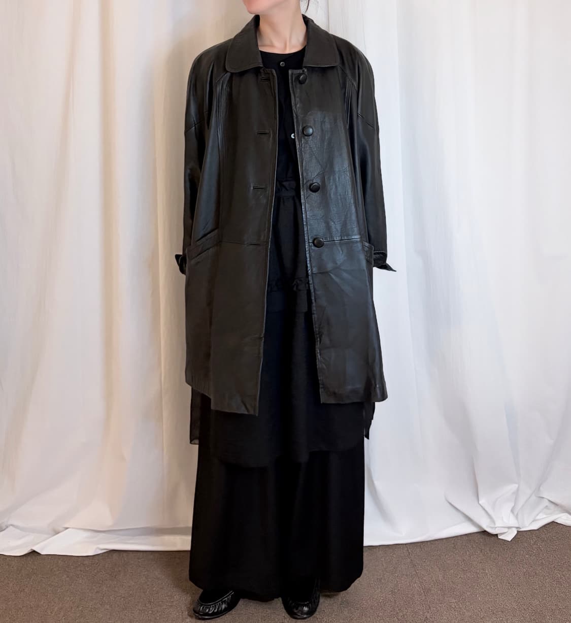 Raglan Leather Midi Coat - Black 상품이미지1