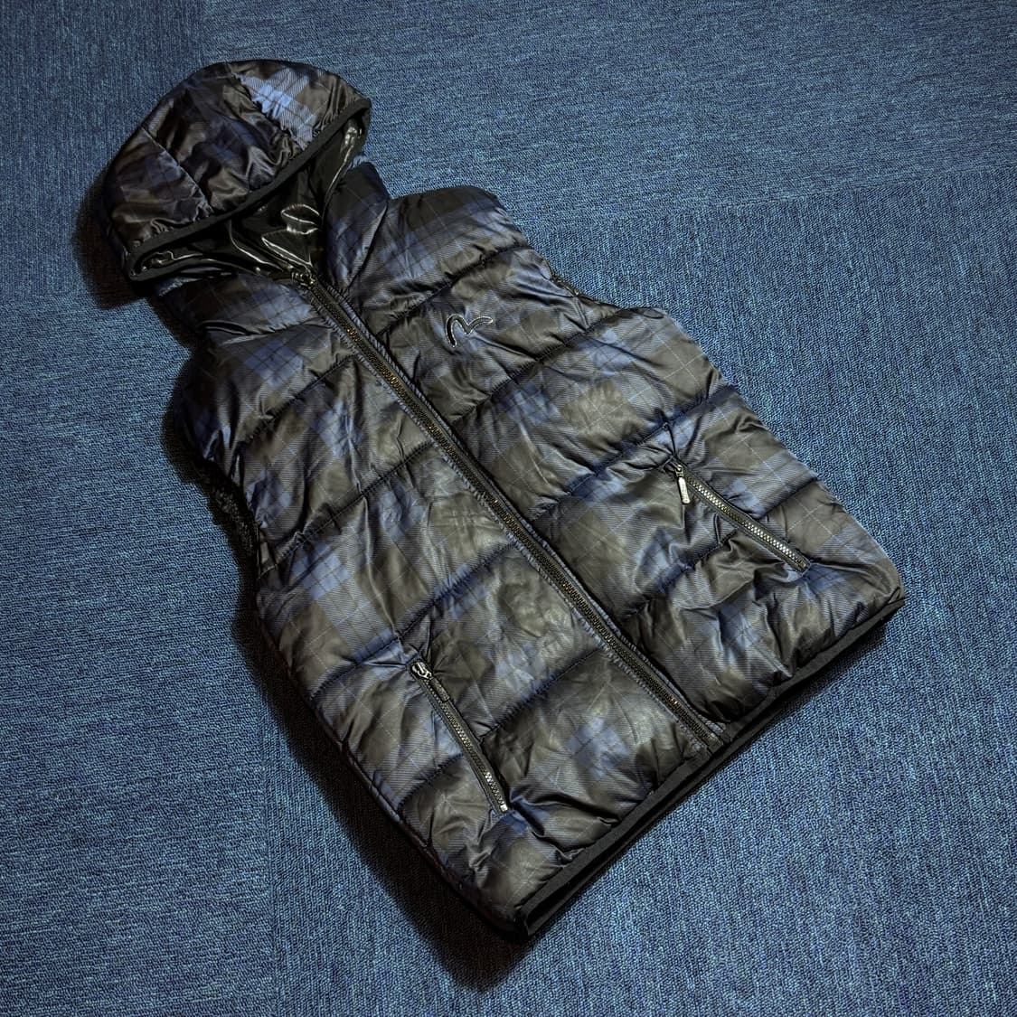 EVISU 에비수 후드 패딩 조끼 체크 상품이미지1