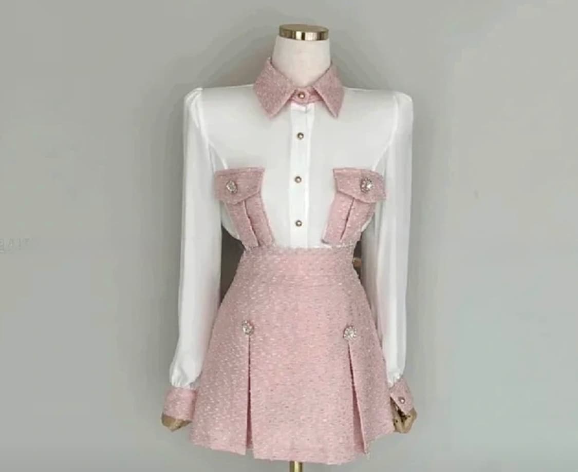 [새상품] 트위드 핑크 블라우스 스커트 세트 상품이미지1