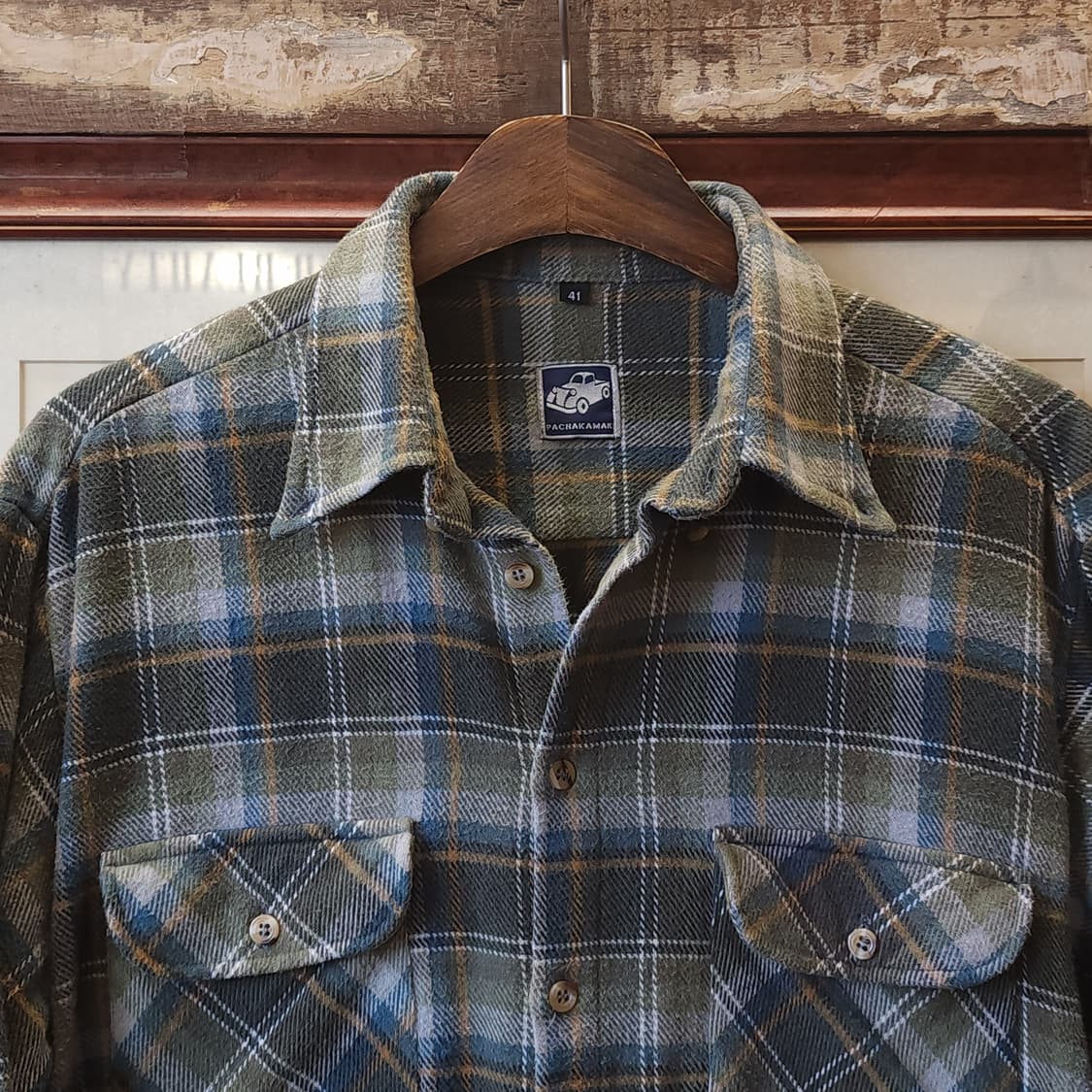 90s 아메리칸 빈티지 체크셔츠 헤비 플란넬 워크셔츠 그린 체크  41 상품이미지3