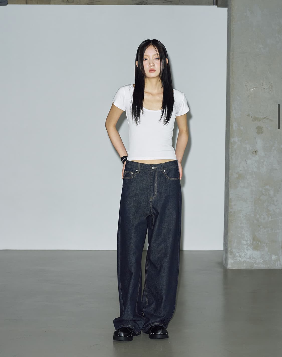 새제품 헬레네파리스 니들 포인트 와이드 데님 팬츠 [블루 블랙] M  상품이미지2