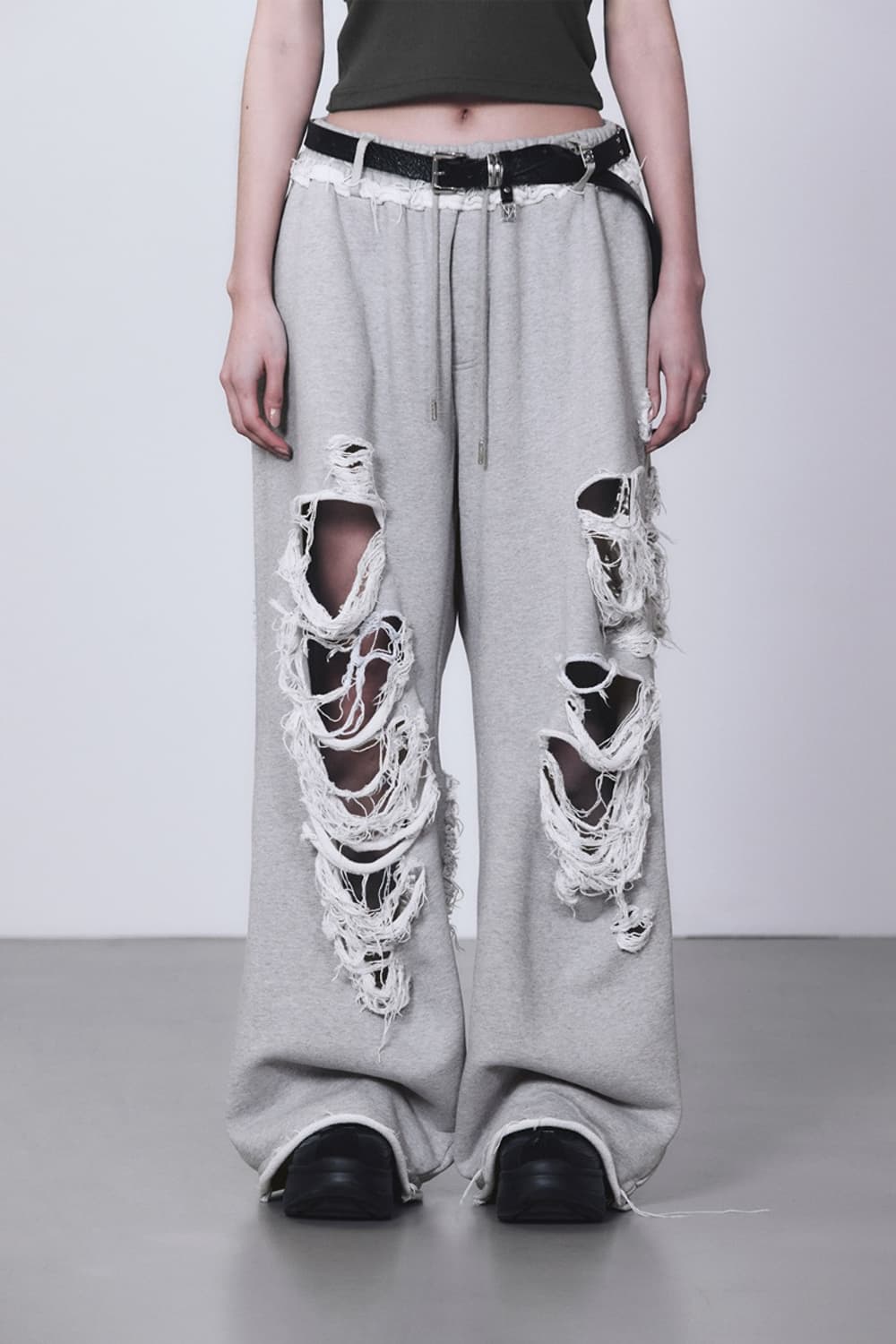 트리밍버드 스크레치 데미지 와이드 스웨트팬츠 멜란지그레이 상품이미지1