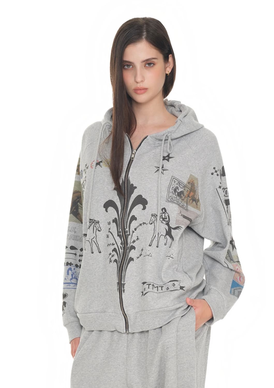 투머치택스 프린티드 와플 집업 후디 그레이 상품이미지1