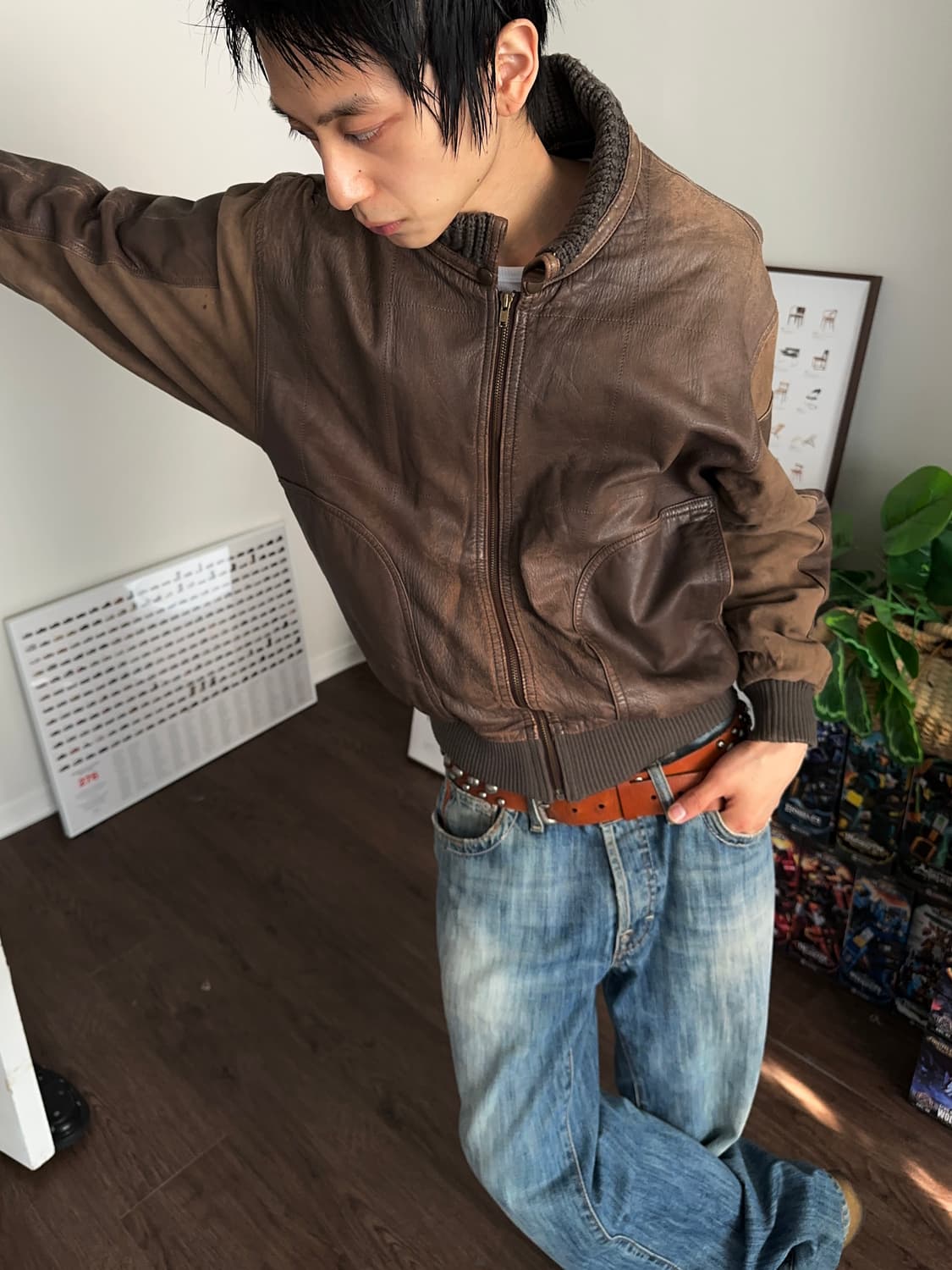 Hill Crest 니트리브 레더 봄버 상품이미지3