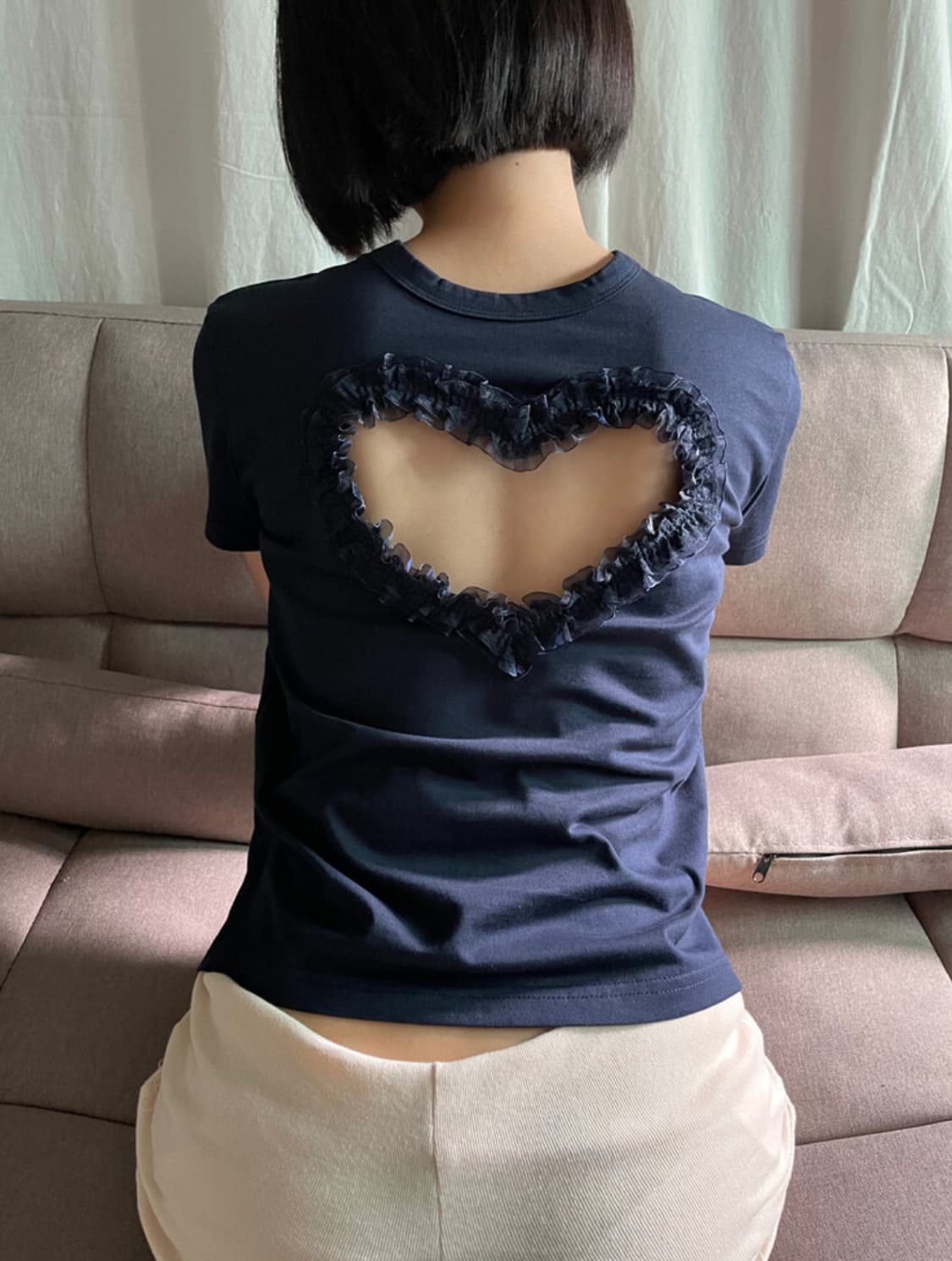dongeun 동은 레이스 하트 반팔티 네이비 상품이미지1