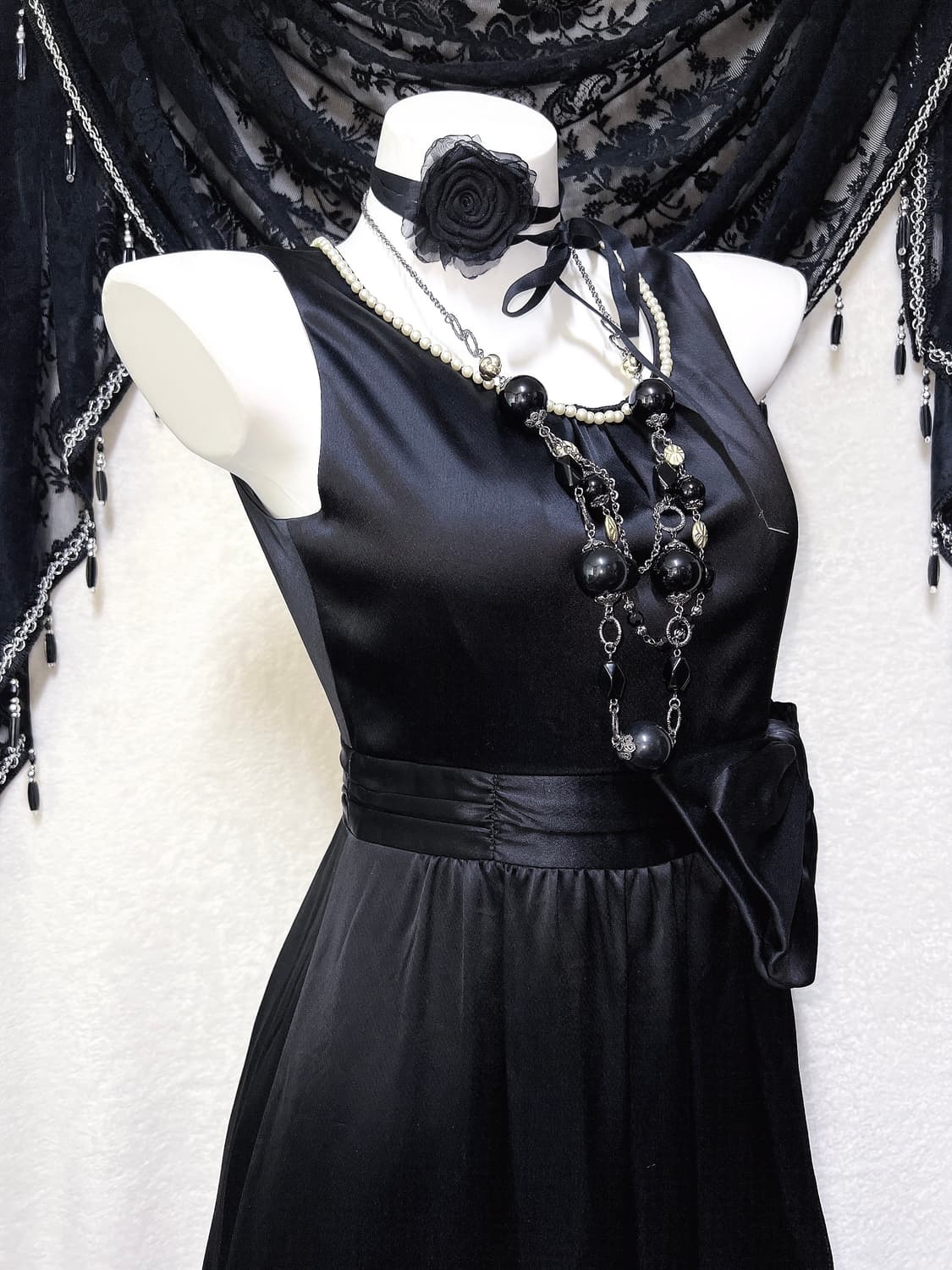 로맨틱고딕 고스 엔틱 블랙 리본 진주 미니드레스 새틴원피스 파티 히메갸루 상품이미지5