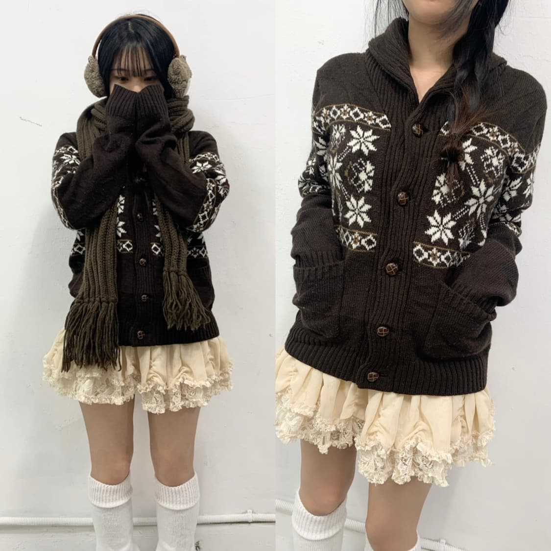 [JPN] 목도리 포함) 눈꽃 노르딕 코코아 폭닥 니트 가디 상품이미지1