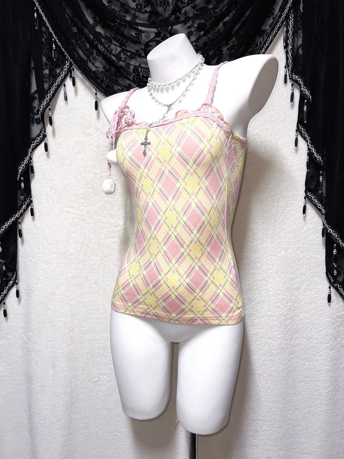 리즈리사 체크 프릴레이스 폼폼 슬리브리스 나시 히메갸루 라떼 핀터 팝걀 상품이미지5