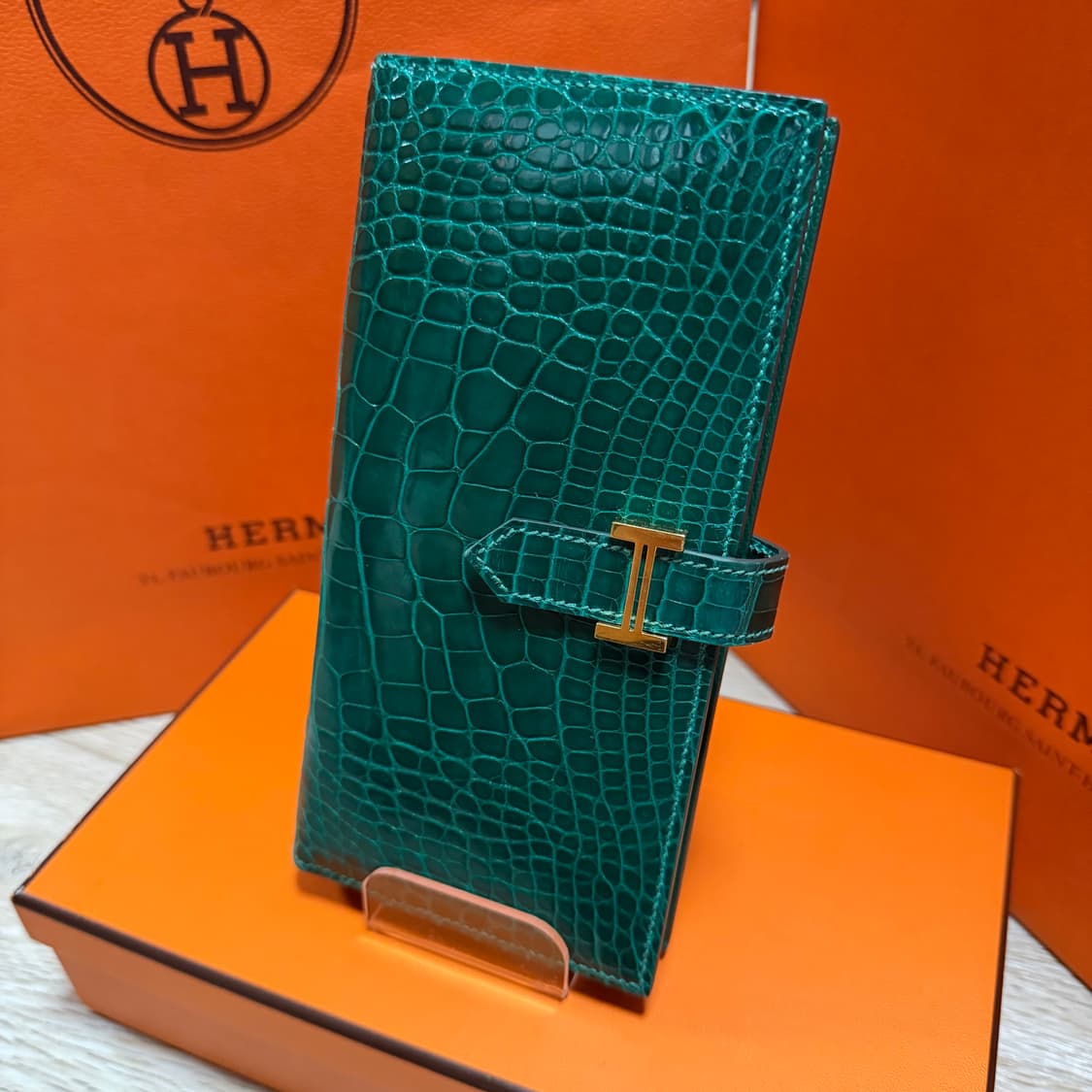 [S급/OS] 에르메스 베안 와니 크로커다일 장지갑 그린 풀구성 상품이미지3