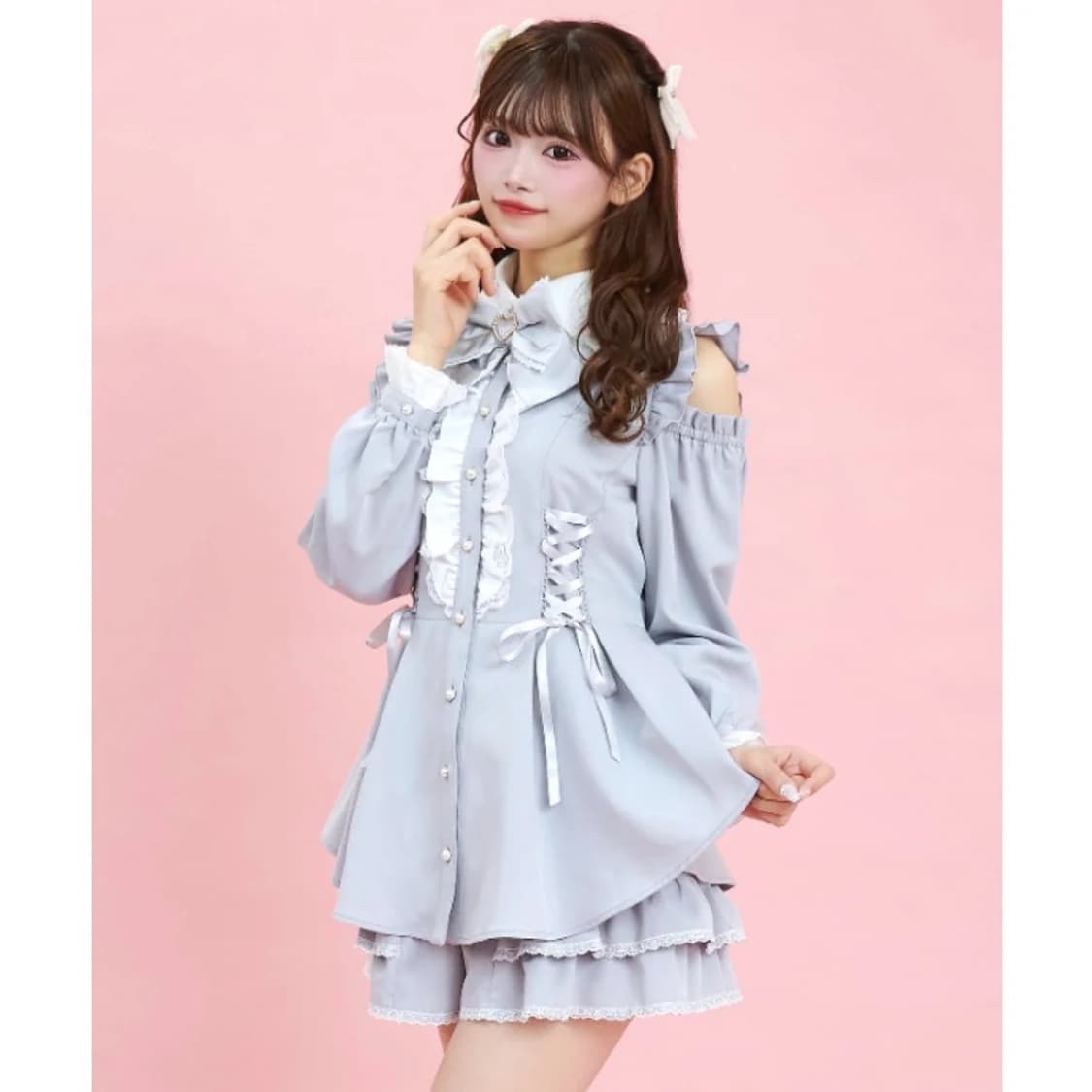 시크릿허니 사이드 레이스업 오프숄더 셋업 미즈이로 하늘색 상품이미지2