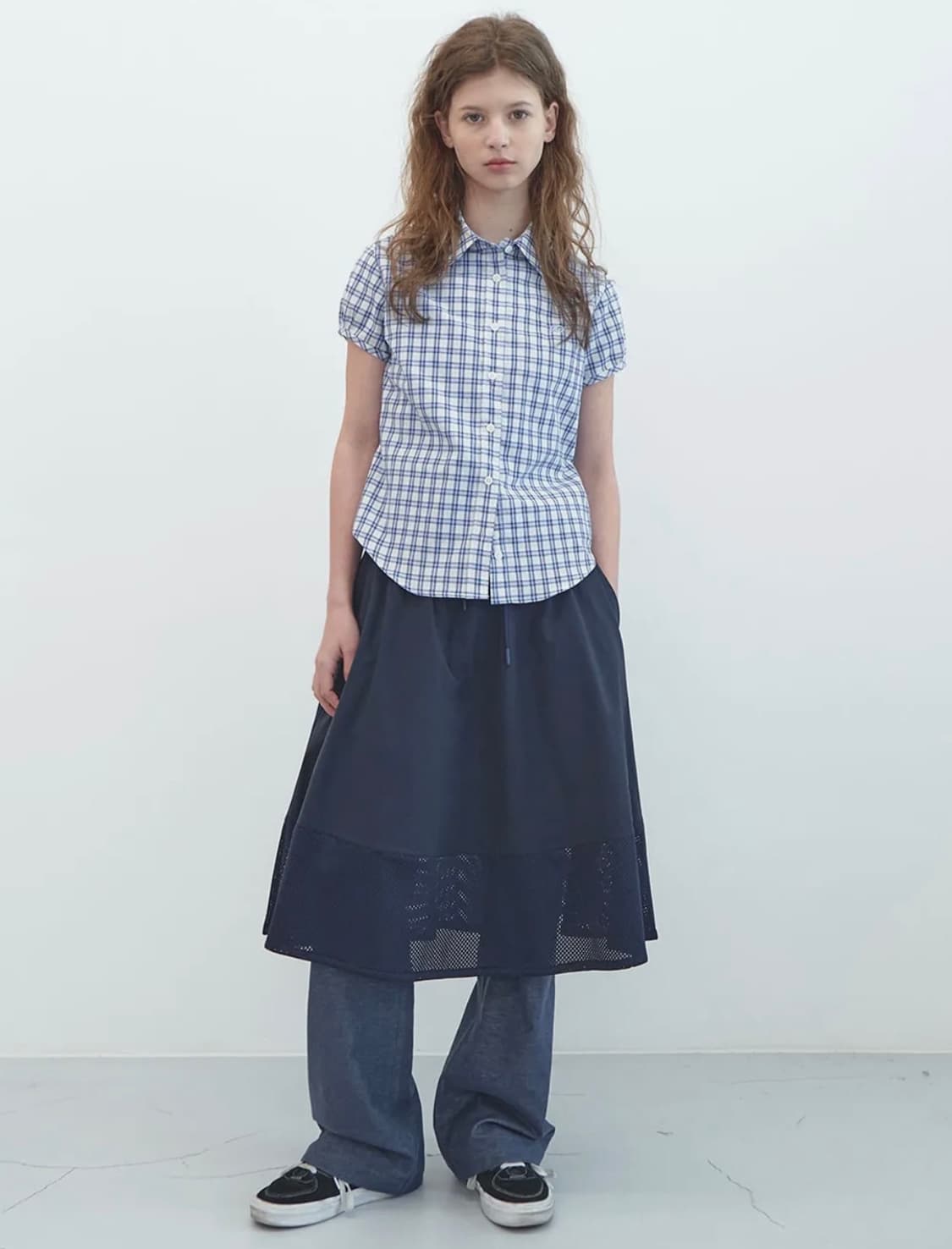 엔조블루스 체크 하프 슬리브 셔츠 Sky 블루 퍼프 소매 블라우스 상품이미지2